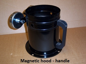 Close up of the handle on the magnetic hood for the Plymoth mobile fan (P-324), with words 